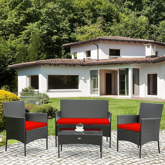 4 Pcs Patio Rattan Cushioned Sofa Furniture Set with Tempered Glass Coffee Table-Red - Image 2