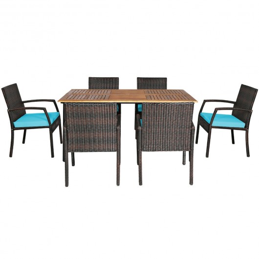 7Pcs Patio Rattan Cushioned Dining Set with Umbrella Hole-Turquoise