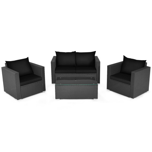 4 Pieces Patio Rattan Conversation Set with Padded Cushion and Tempered Glass Coffee Table-Black