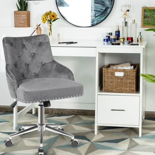 Tufted Upholstered Swivel Computer Desk Chair with Nailed Tri-Gray - Image 3