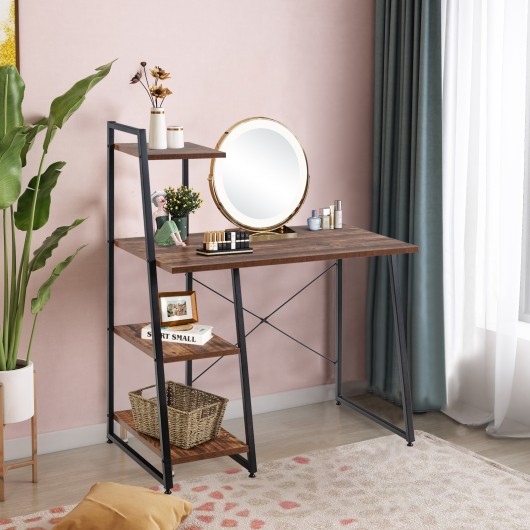 Compact Computer Desk Workstation with 4 Tier Shelves for Home and Office-Brown - Image 2
