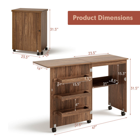 Folding Sewing Craft Table Shelf Storage Cabinet Home Furniture-Brown - Image 3