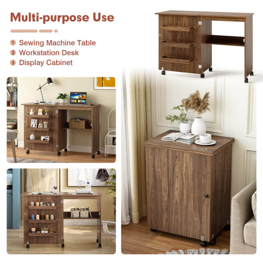 Folding Sewing Craft Table Shelf Storage Cabinet Home Furniture-Brown - Image 4