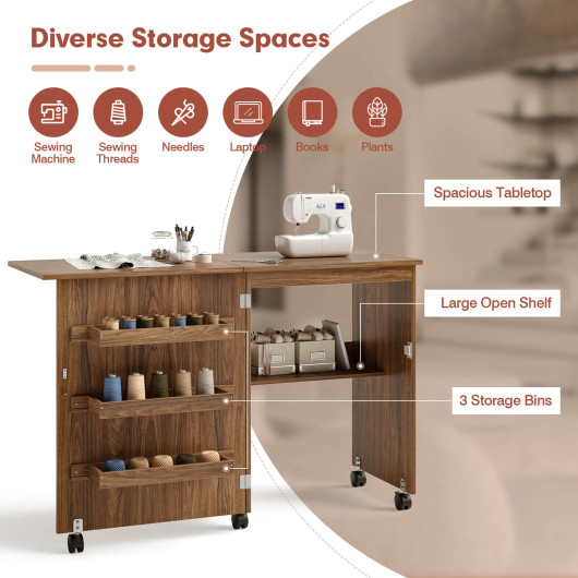 Folding Sewing Craft Table Shelf Storage Cabinet Home Furniture-Brown - Image 5