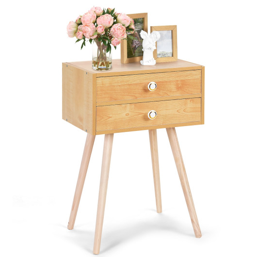 Mid Century Modern 2 Drawers Nightstand-Natural