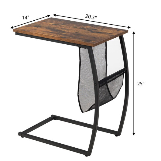 C-shaped Vintage End Table with Side Pocket and Metal Frame - Image 3