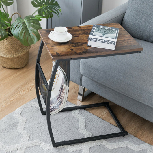C-shaped Vintage End Table with Side Pocket and Metal Frame - Image 5