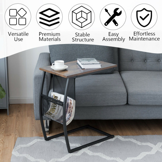 C-shaped Vintage End Table with Side Pocket and Metal Frame - Image 6