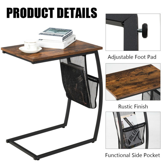 C-shaped Vintage End Table with Side Pocket and Metal Frame - Image 2