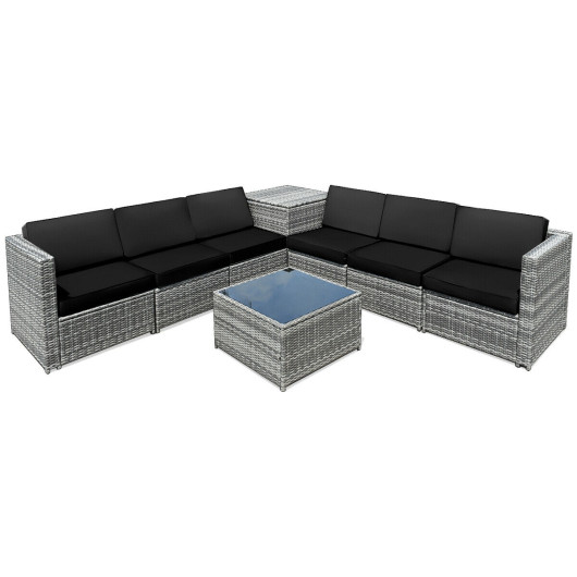 8 Piece Wicker Sofa Rattan Dinning Set Patio Furniture with Storage Table-Black - Image 5