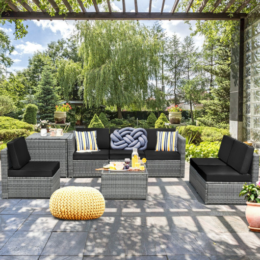 8 Piece Wicker Sofa Rattan Dinning Set Patio Furniture with Storage Table-Black - Image 4