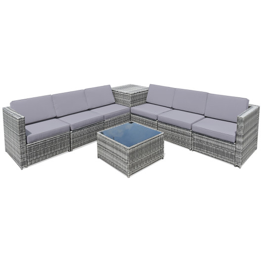 8 Pieces Wicker Sofa Rattan Dining Set Patio Furniture with Storage Table-Gray - Image 6