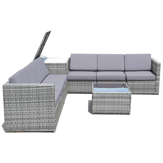 8 Pieces Wicker Sofa Rattan Dining Set Patio Furniture with Storage Table-Gray - Image 2