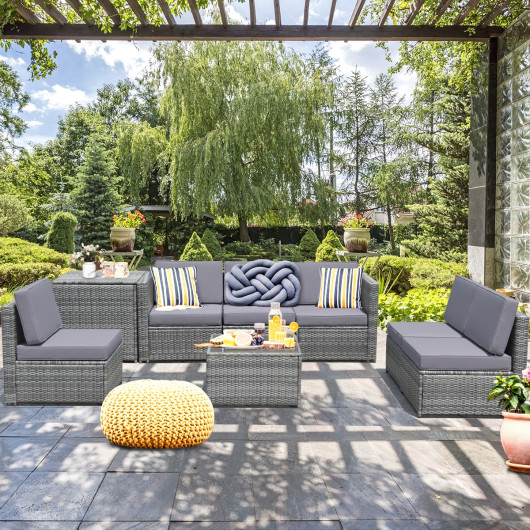 8 Pieces Wicker Sofa Rattan Dining Set Patio Furniture with Storage Table-Gray - Image 5