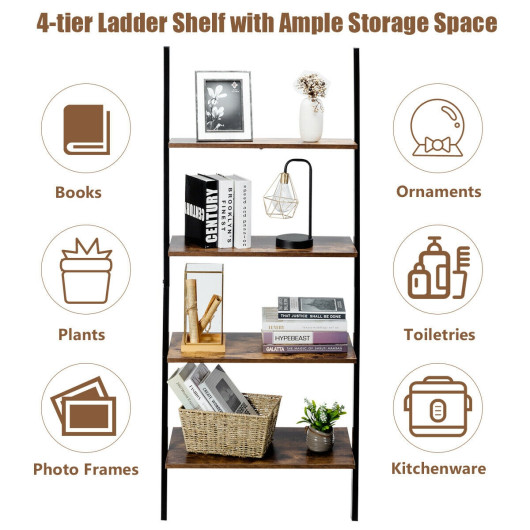 Multipurpose 4-Tier Industrial Leaning Wall Bookcase with Metal Frame-Brown - Image 2