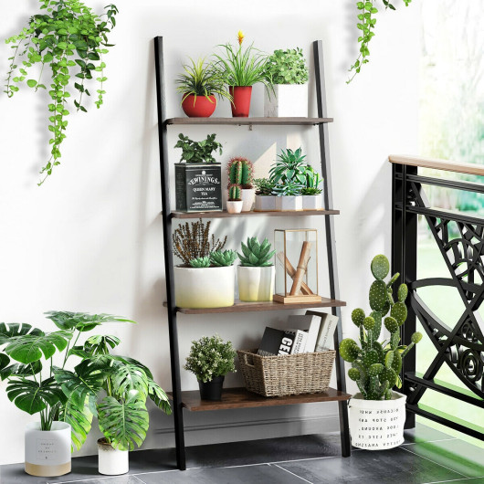 Multipurpose 4-Tier Industrial Leaning Wall Bookcase with Metal Frame-Brown - Image 3