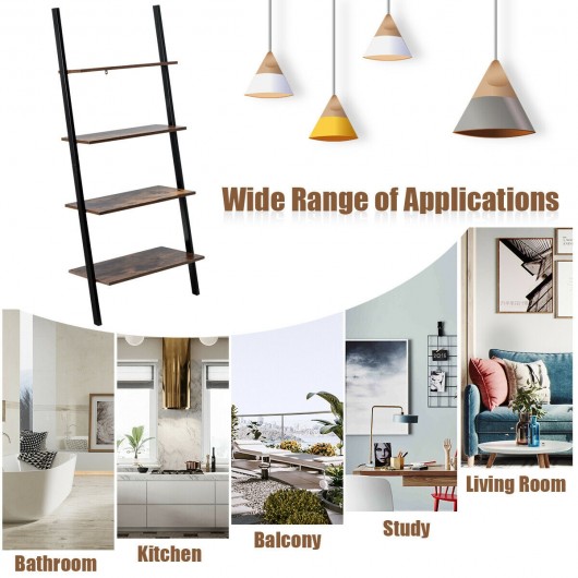 Multipurpose 4-Tier Industrial Leaning Wall Bookcase with Metal Frame-Brown - Image 5