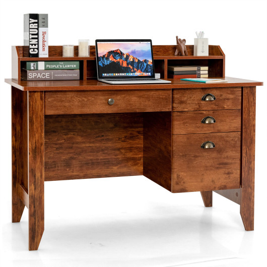 Vintage Computer Desk with Storage Shelves and 4 Drawers-Rustic Brown - Image 2