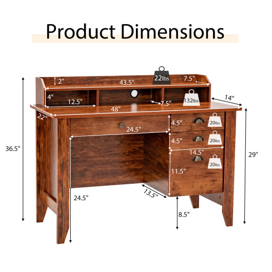 Vintage Computer Desk with Storage Shelves and 4 Drawers-Rustic Brown - Image 4
