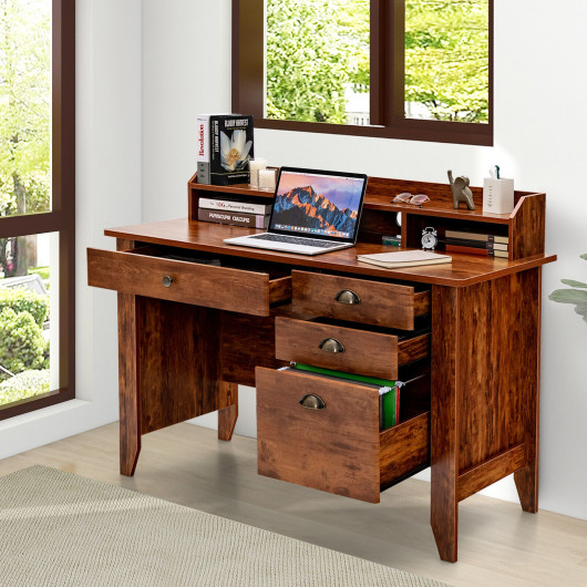 Vintage Computer Desk with Storage Shelves and 4 Drawers-Rustic Brown - Image 6