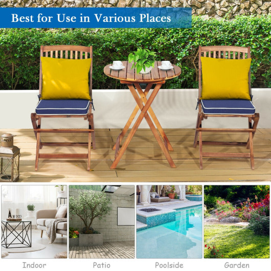 3 Pieces Patio Folding Bistro Set with Padded Cushion and Round Coffee Table-Navy - Image 6
