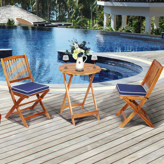 3 Pieces Patio Folding Bistro Set with Padded Cushion and Round Coffee Table-Navy - Image 2