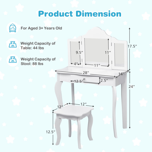 Kids Makeup Dressing Mirror Vanity Table Stool Set - Image 4
