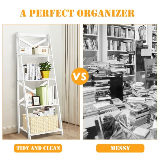 4-tier Leaning Free Standing Ladder Shelf Bookcase-White - Image 3