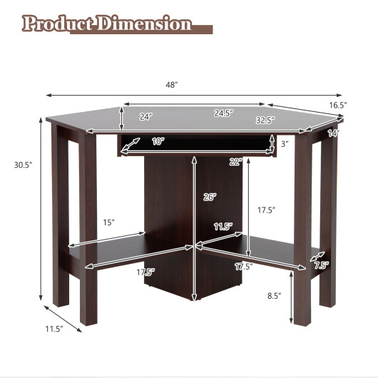Wooden Study Computer Corner Desk with Drawer-Coffee - Image 2