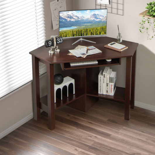 Wooden Study Computer Corner Desk with Drawer-Coffee - Image 4