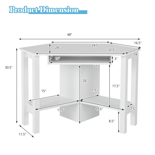 Wooden Study Computer Corner Desk with Drawer-White - Image 6