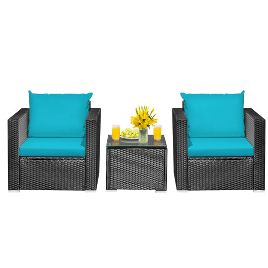 3 Pieces Patio Wicker Conversation Setwith Cushion-Turquoise