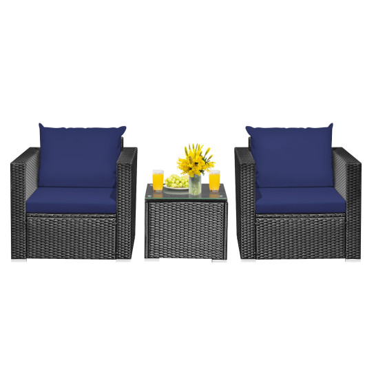 3 Pieces Patio Wicker Conversation Setwith Cushion-Navy