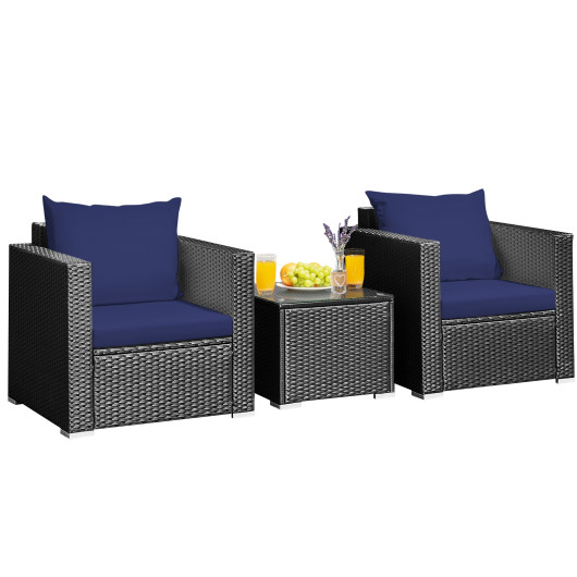 3 Pieces Patio Wicker Conversation Setwith Cushion-Navy - Image 4