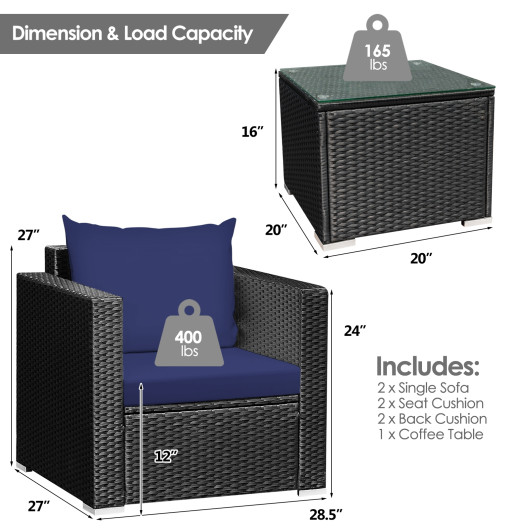 3 Pieces Patio Wicker Conversation Setwith Cushion-Navy - Image 5