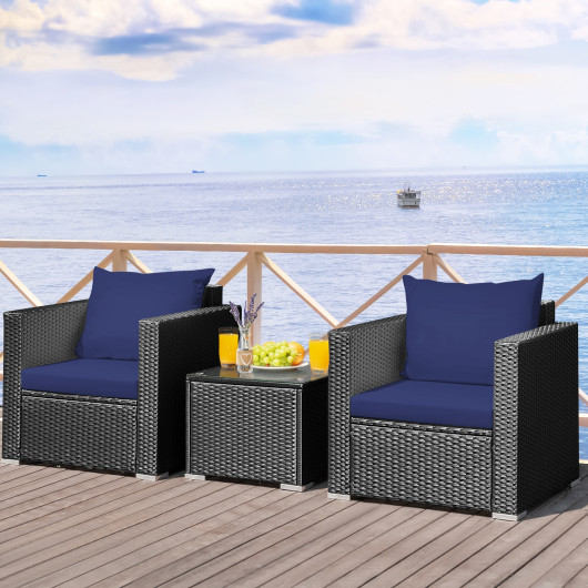 3 Pieces Patio Wicker Conversation Setwith Cushion-Navy - Image 2