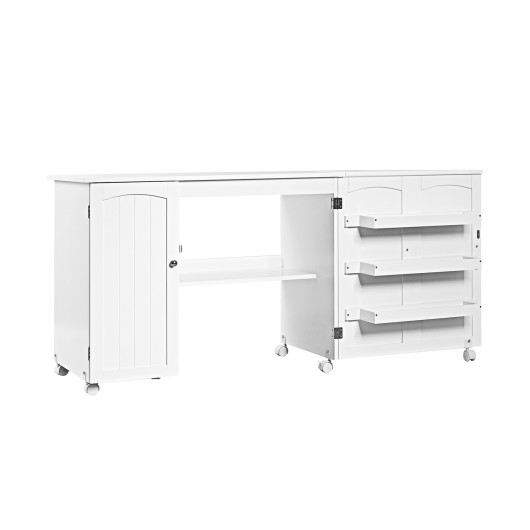 Folding Sewing Table Shelves Storage Cabinet Craft Cart with Wheels-White - Image 6