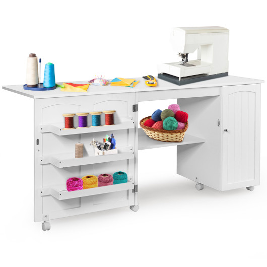 Folding Sewing Table Shelves Storage Cabinet Craft Cart with Wheels-White - Image 2