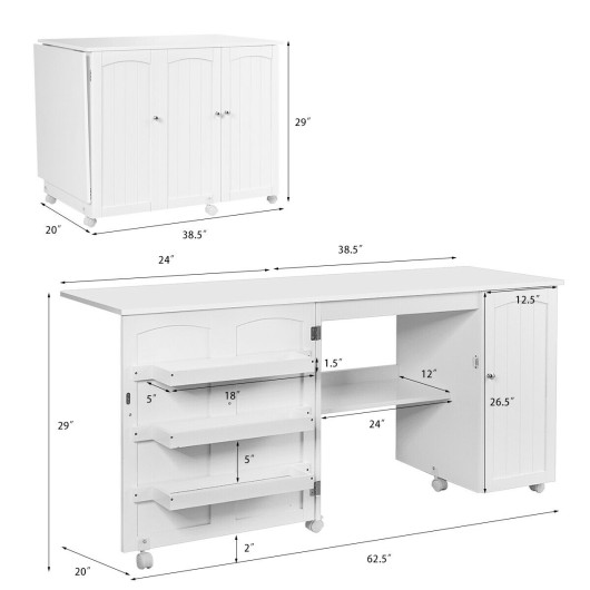 Folding Sewing Table Shelves Storage Cabinet Craft Cart with Wheels-White - Image 5