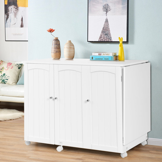 Folding Sewing Table Shelves Storage Cabinet Craft Cart with Wheels-White - Image 4