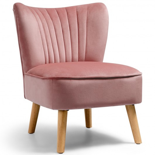 Modern Armless Velvet Accent Chair with Wood Legs-Pink