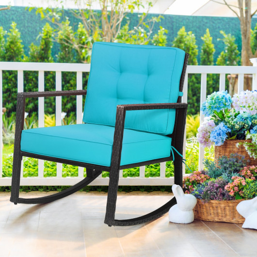 Patio Rattan Rocker Outdoor Glider Rocking Chair Cushion Lawn-Turquoise - Image 2
