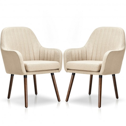 Set of 2 Fabric Upholstered Accent Chairs with Wooden Legs-Beige