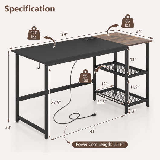59 Inch Home Office Computer Desk with Removable Storage Shelves-Black - Image 4