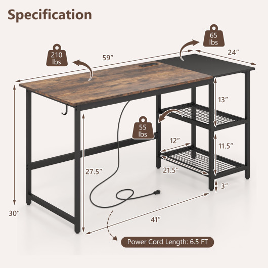 59 Inch Home Office Computer Desk with Removable Storage Shelves-Rustic Brown - Image 3