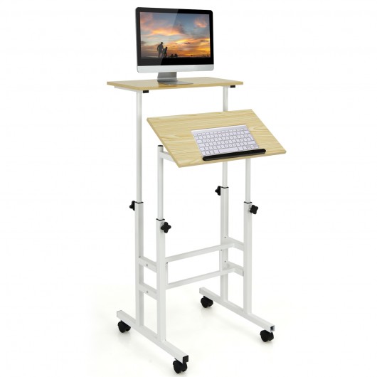 Height Adjustable Mobile Standing Desk with rolling wheels for office and home-Natural - Image 5