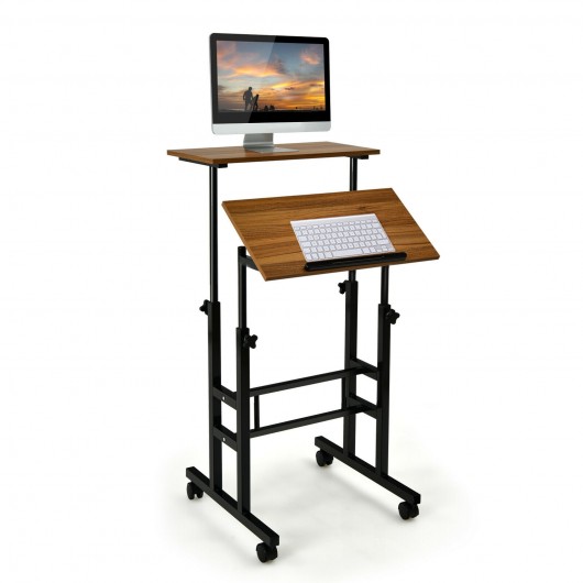 Height Adjustable Mobile Standing Desk with rolling wheels for office and home-Walnut - Image 4