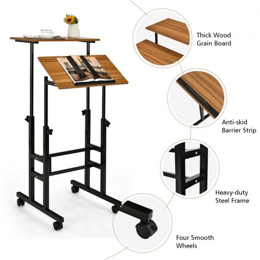 Height Adjustable Mobile Standing Desk with rolling wheels for office and home-Walnut - Image 6