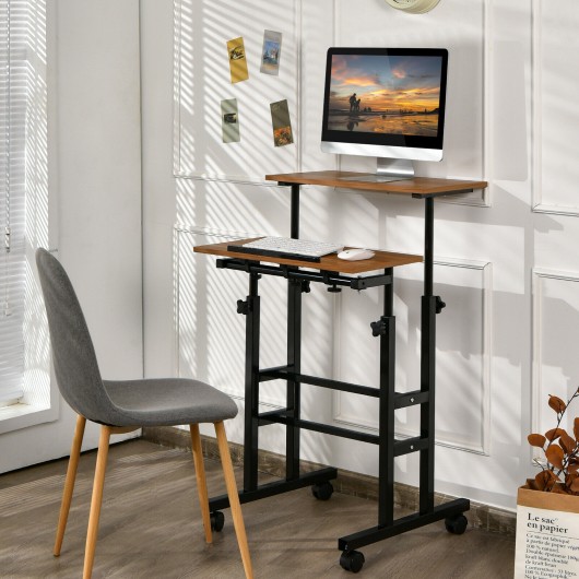 Height Adjustable Mobile Standing Desk with rolling wheels for office and home-Walnut - Image 2