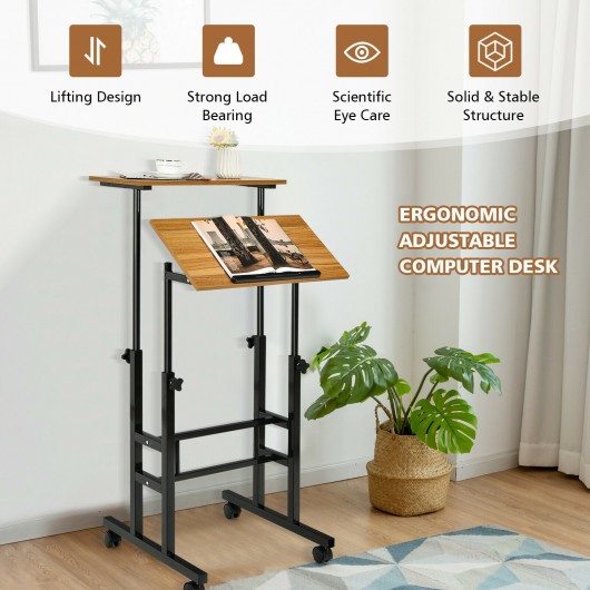 Height Adjustable Mobile Standing Desk with rolling wheels for office and home-Walnut - Image 3
